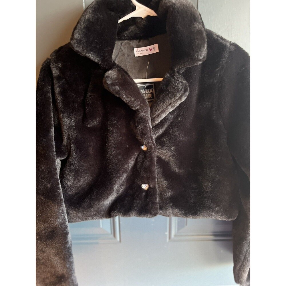 NWT Girls Black Faux Fur Coat Rhinestone Heart Buttons Sz16 Formal Super Soft